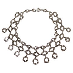 Silver-Tone Vintage Rope Chain Bib Choker Necklace circa 1960s
