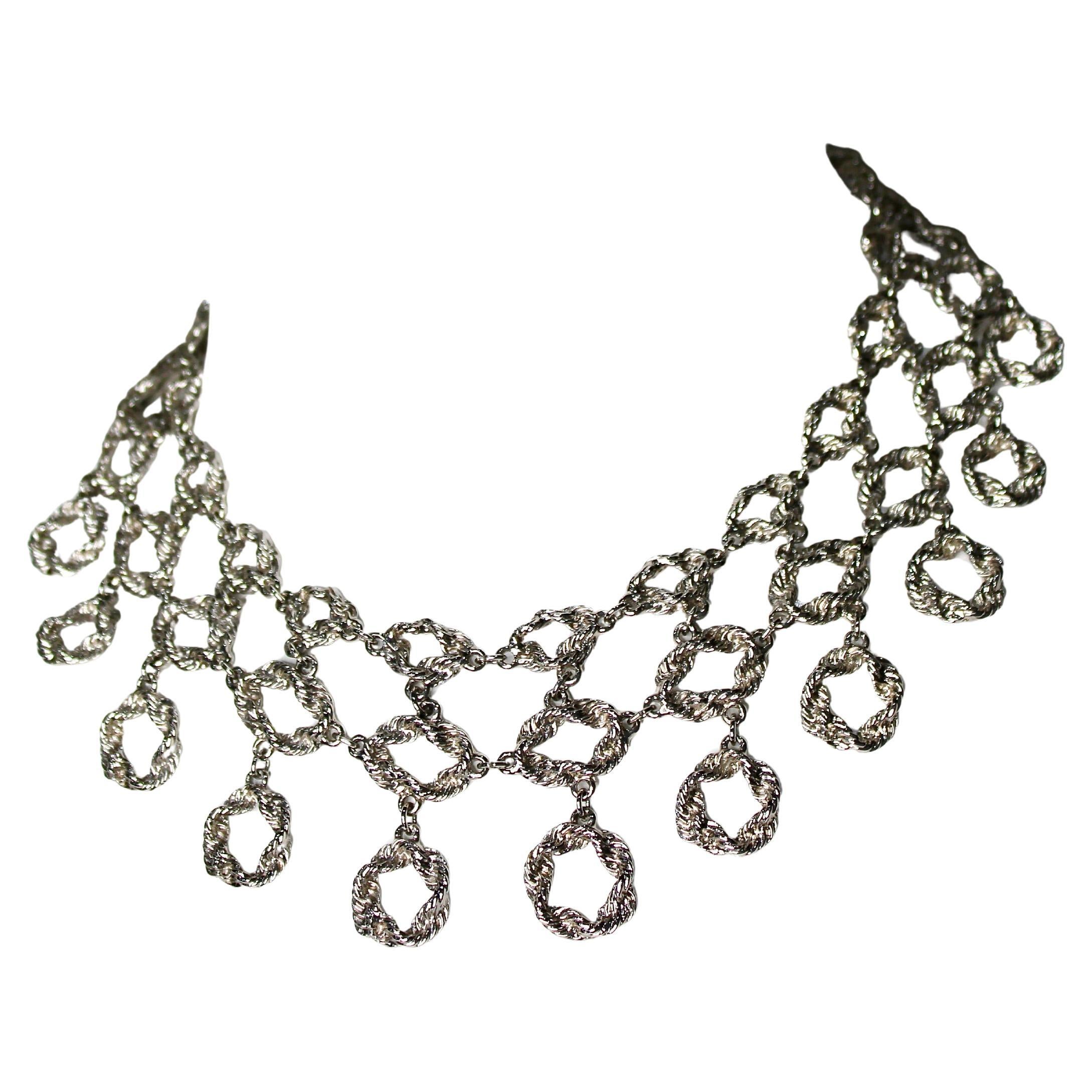 Silver-Tone Vintage Rope Chain Bib Choker Necklace circa 1960s
