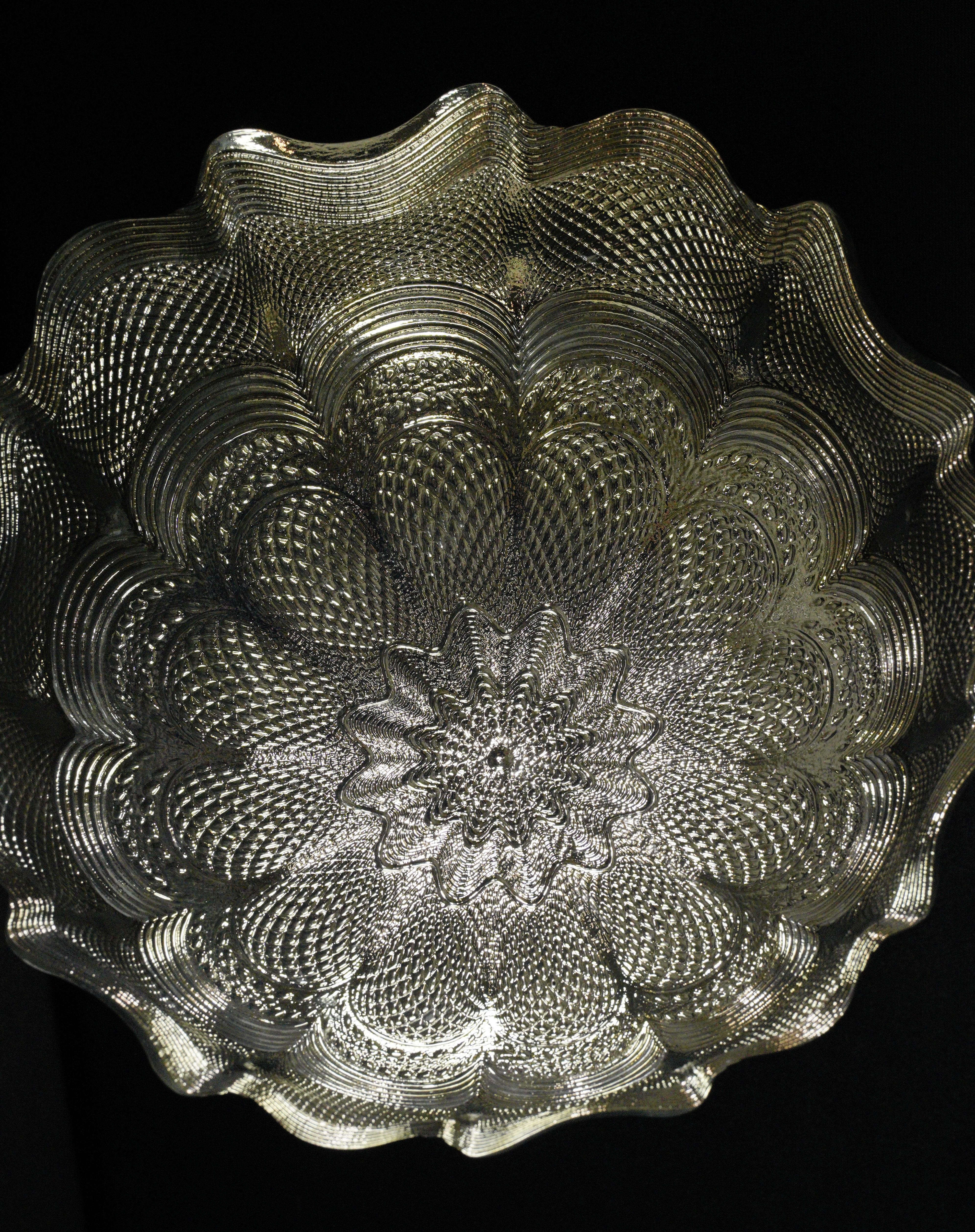 Silver Tone w Clear White Swirls Ornate Glass Bowl For Sale 5