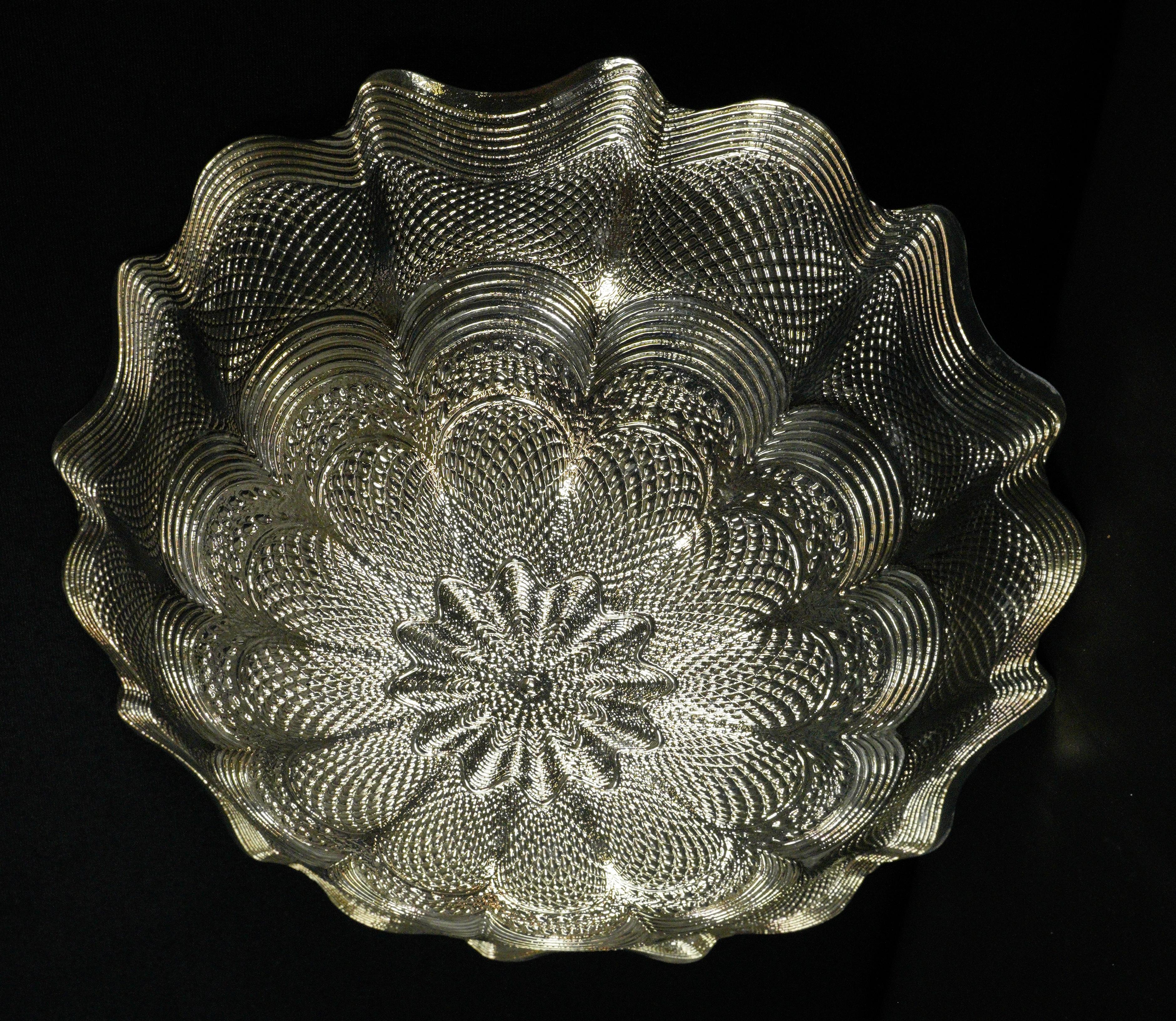 Silver Tone w Clear White Swirls Ornate Glass Bowl For Sale 6