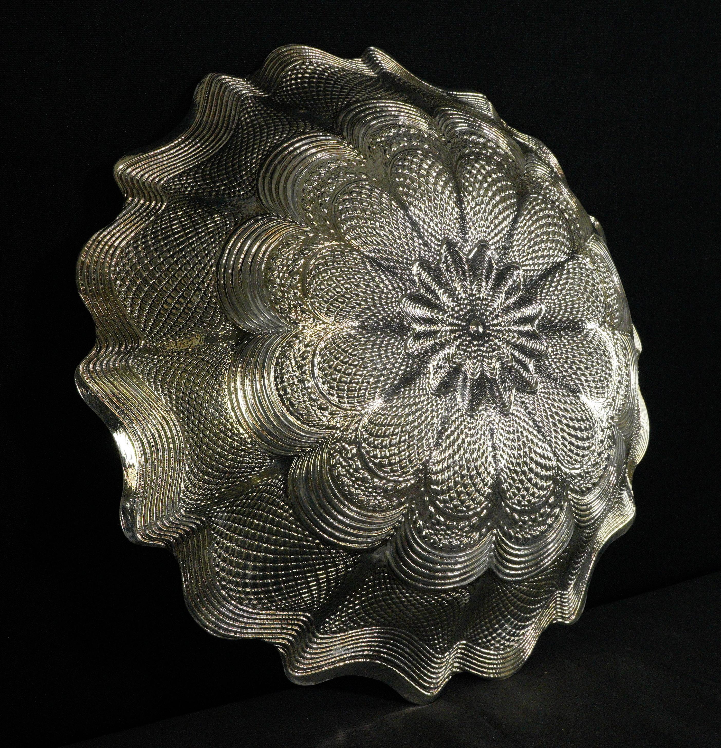 Silver Tone w Clear White Swirls Ornate Glass Bowl For Sale 7