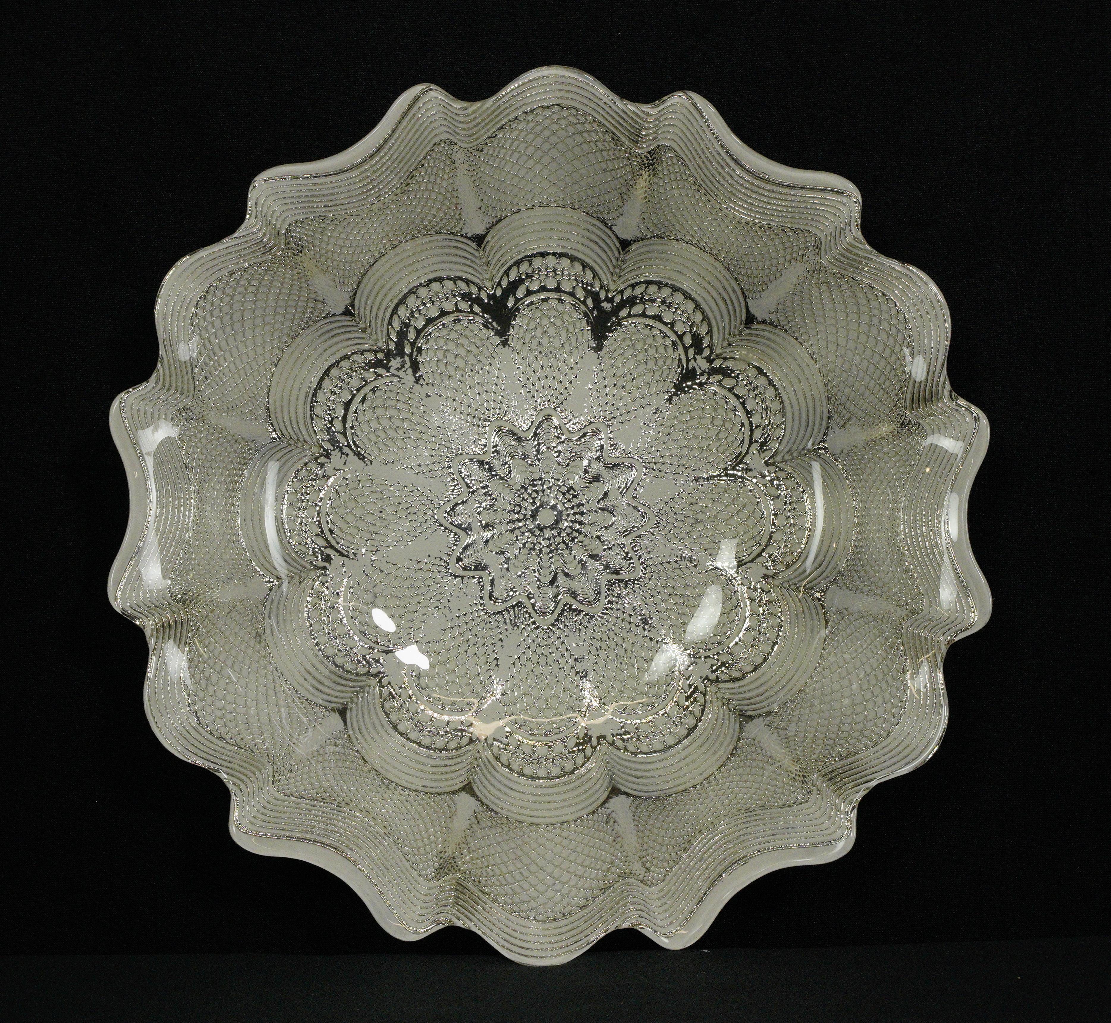 20th Century Silver Tone w Clear White Swirls Ornate Glass Bowl For Sale