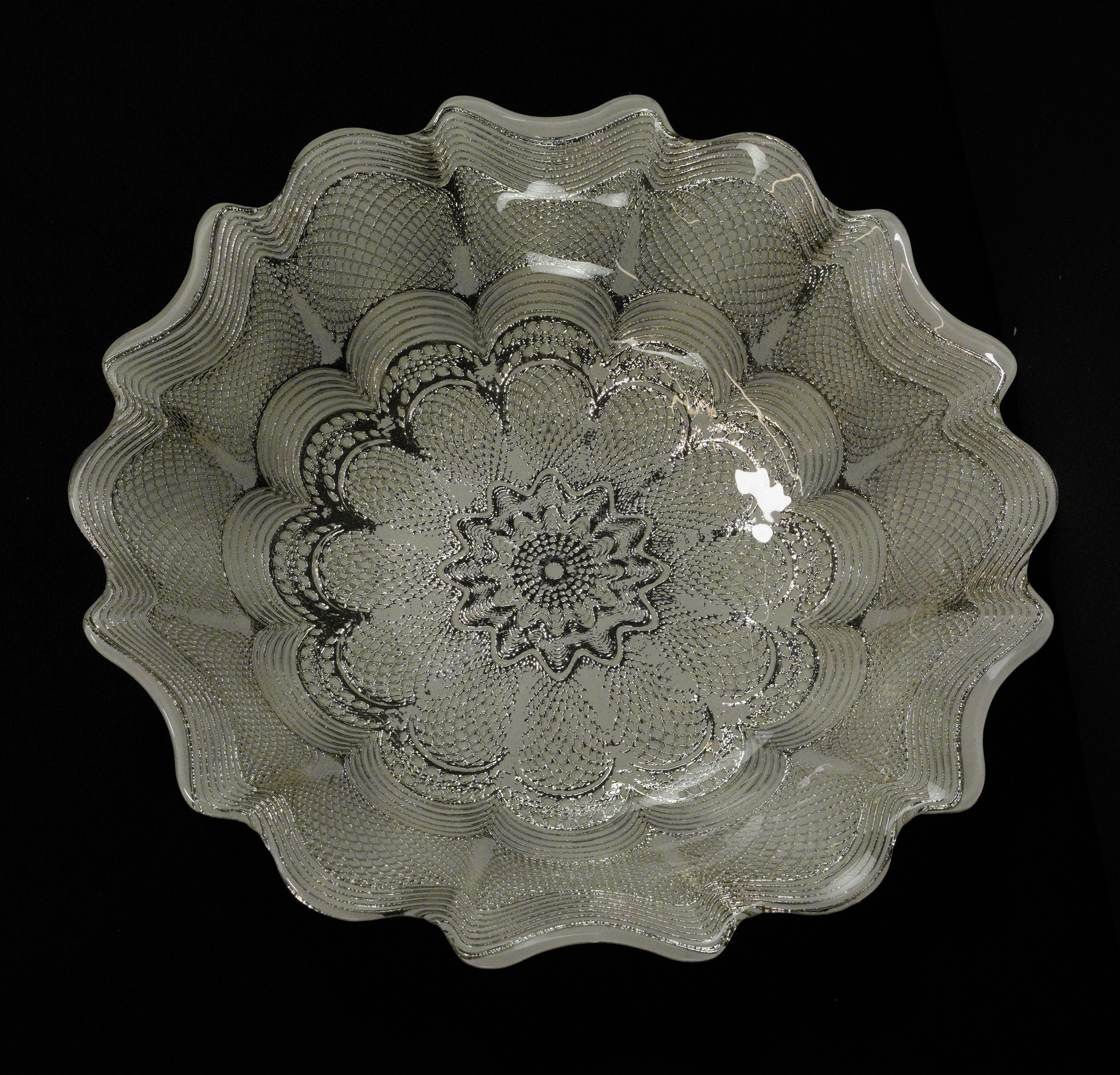 Blown Glass Silver Tone w Clear White Swirls Ornate Glass Bowl For Sale