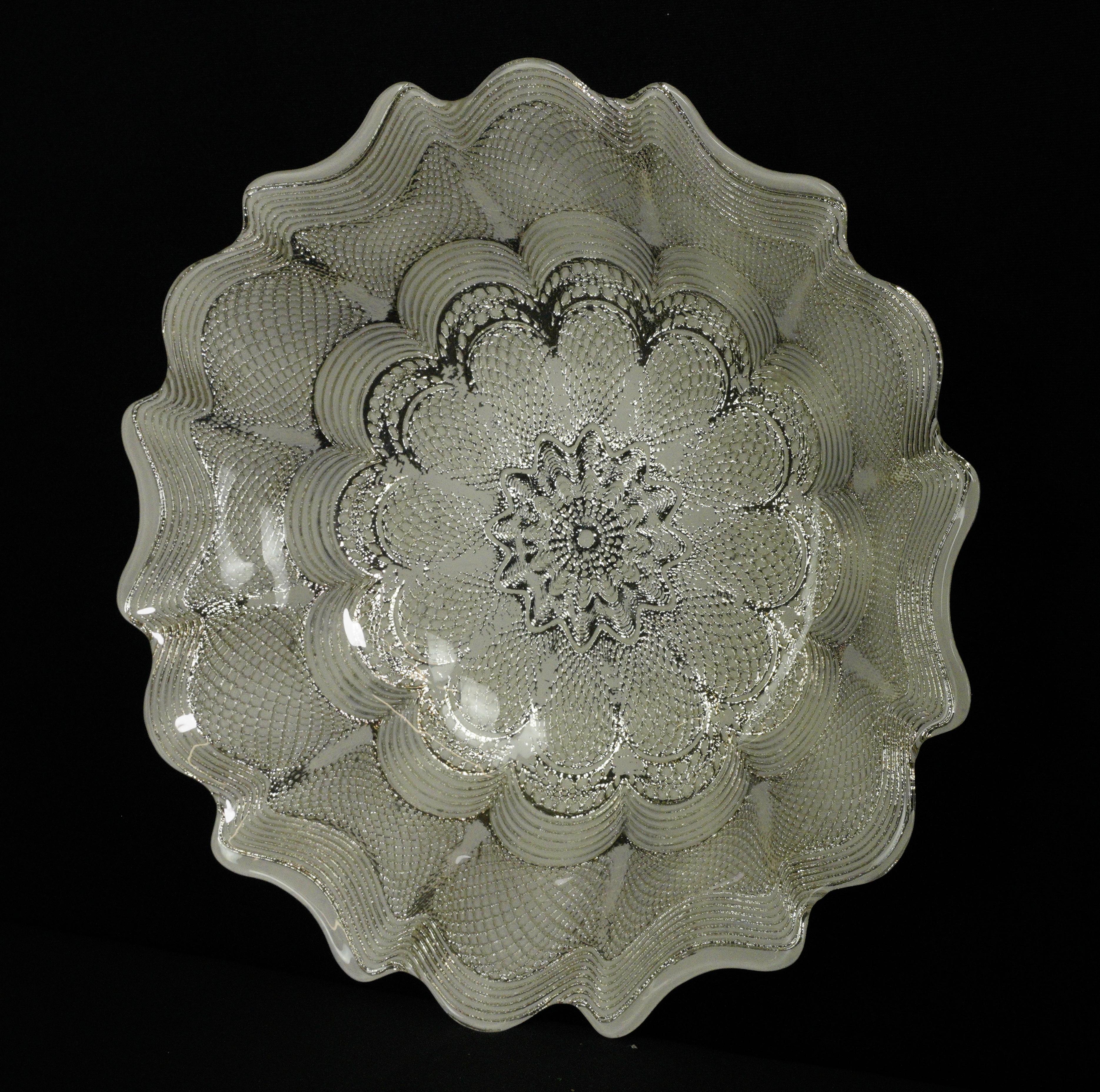 Silver Tone w Clear White Swirls Ornate Glass Bowl For Sale 1