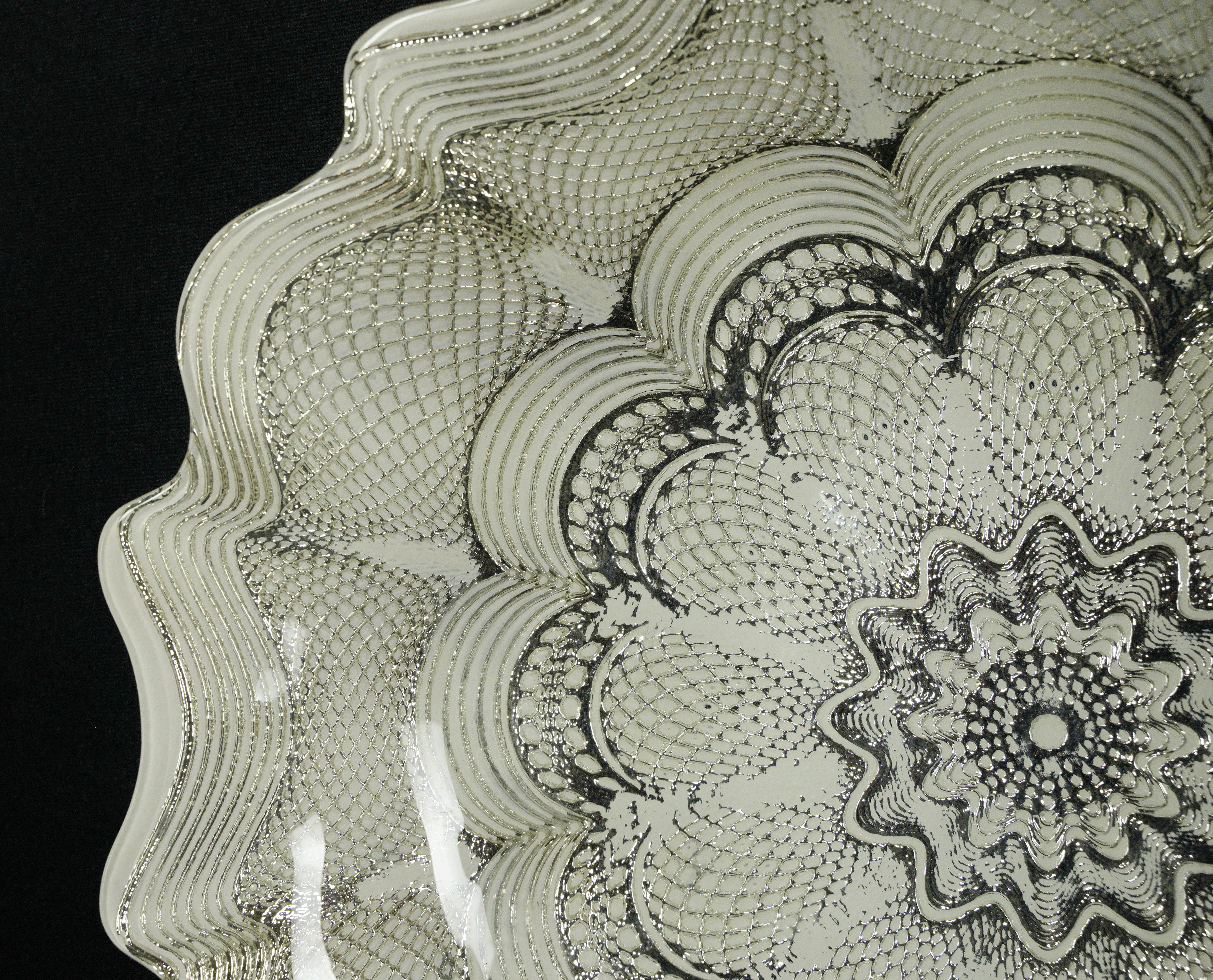 Silver Tone w Clear White Swirls Ornate Glass Bowl For Sale 3