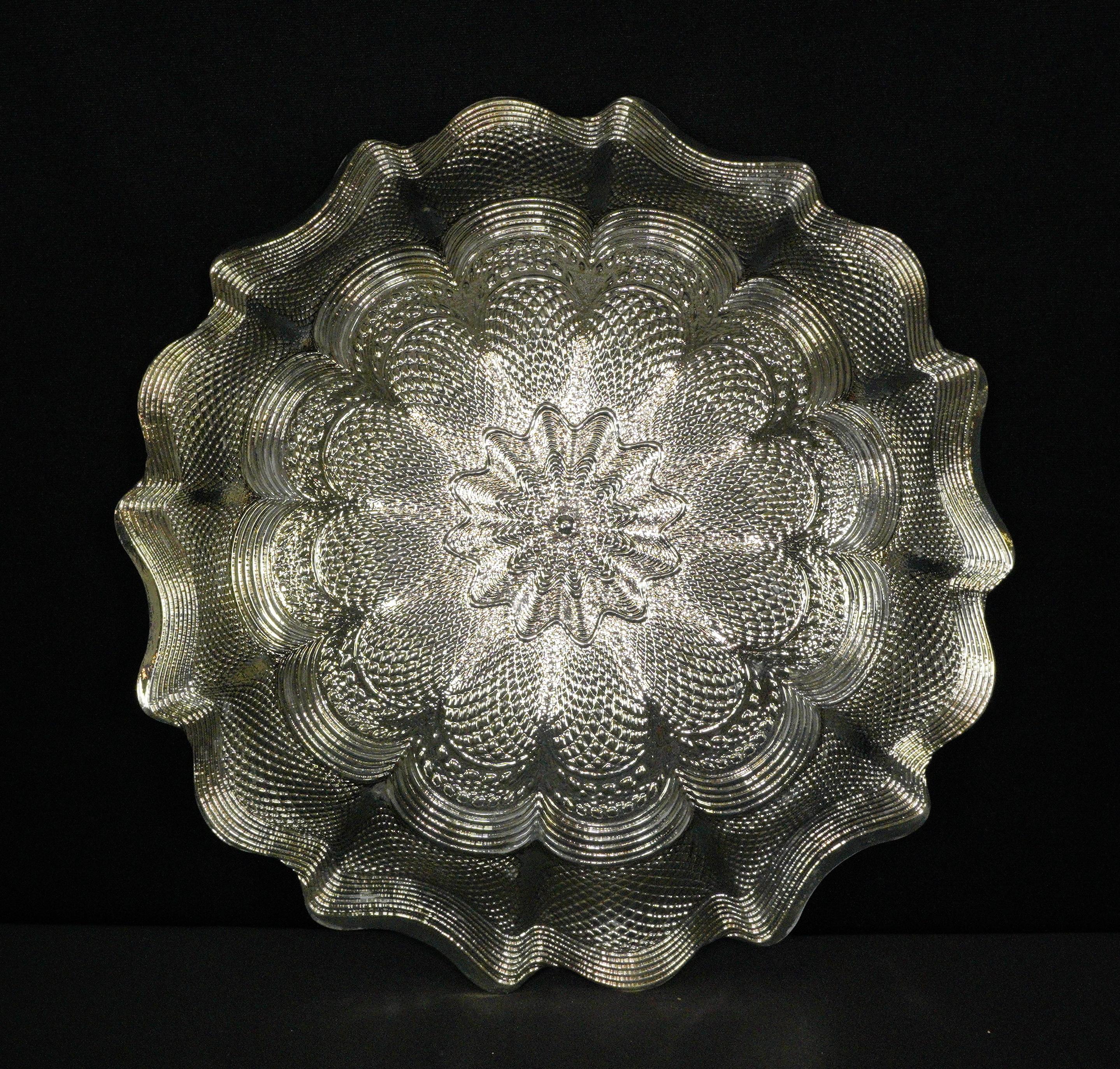 Silver Tone w Clear White Swirls Ornate Glass Bowl For Sale 4