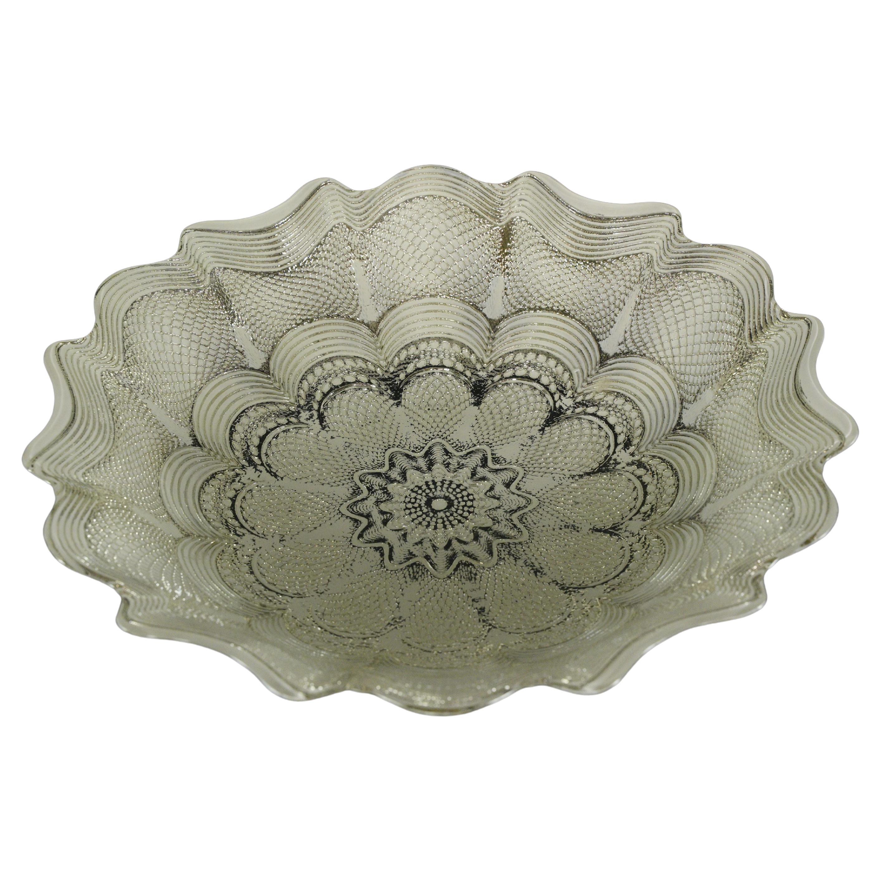 Silver Tone w Clear White Swirls Ornate Glass Bowl For Sale