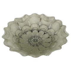 Vintage Silver Tone w Clear White Swirls Ornate Glass Bowl