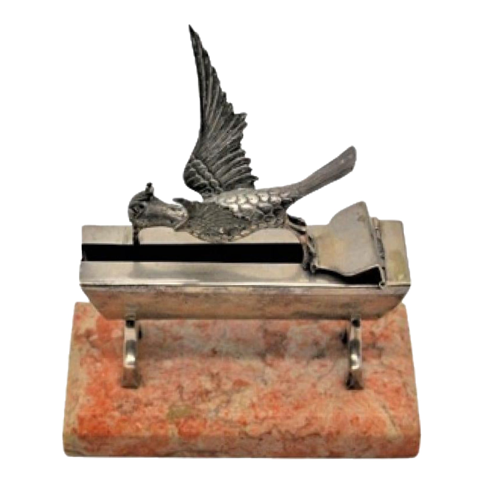 Silver toothpick holder, hummingbird with open wings and resting on a stone base en venta