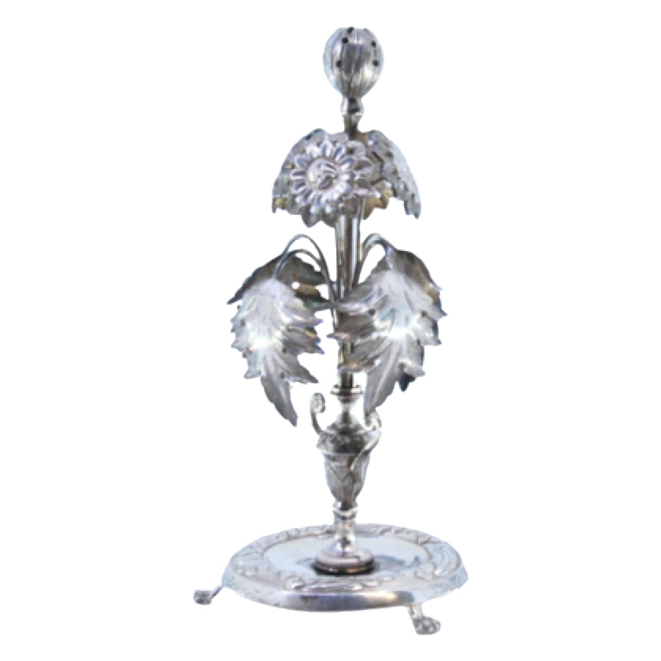 Silver toothpick holder w/ a set of flowers
acanthus leaves topped by a bulb