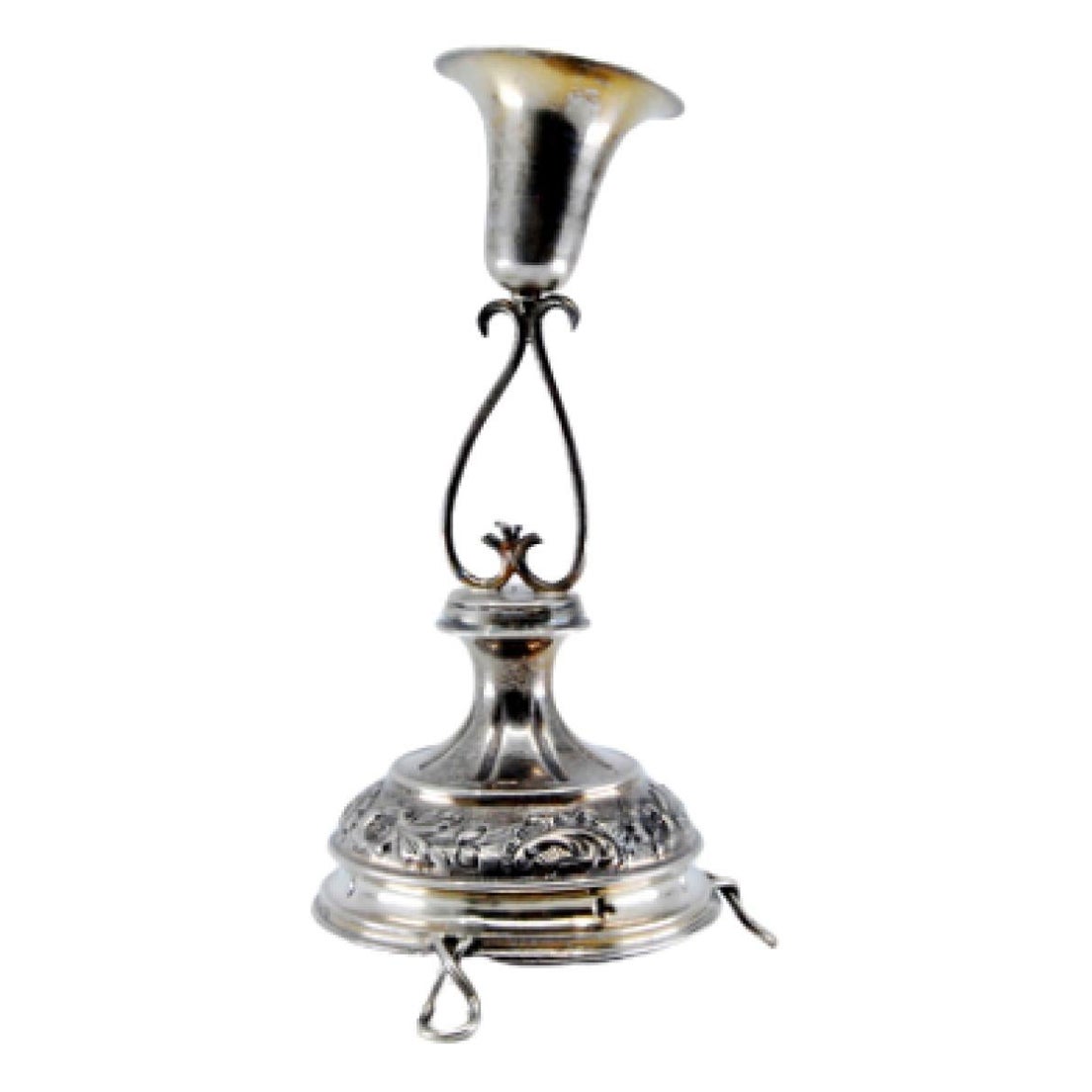Silver toothpick holder w/ chalice 
placed on an engraved base w/ three feet