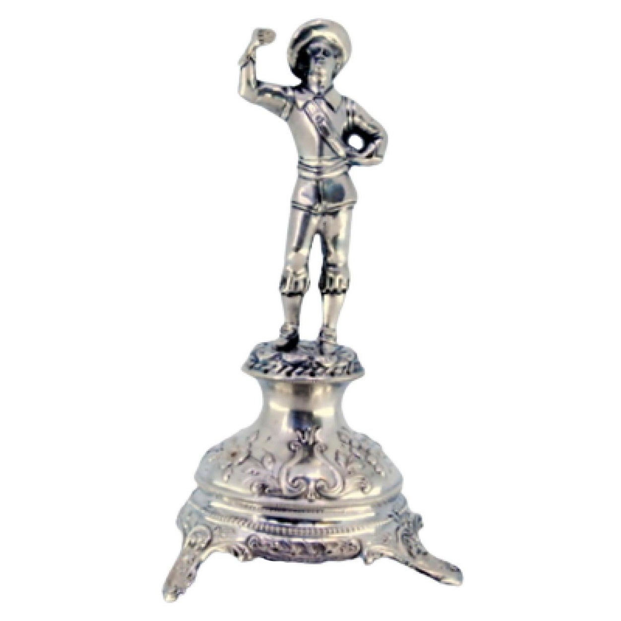 Silver toothpick holder w/ figure of nobleman w/ chalice standing on a plinth