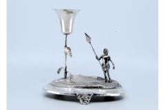 Silver toothpick holder w/ indigenous figure holding spear on three-legged base