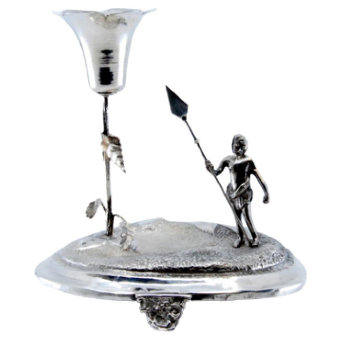 Silver toothpick holder w/ indigenous figure holding spear on three-legged base