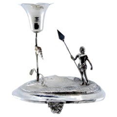 Silver toothpick holder w/ indigenous figure holding spear on three-legged base