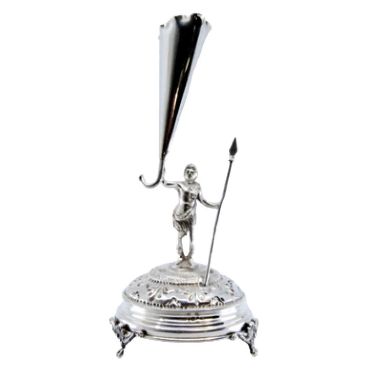 Silver toothpick holder w/ warrior holding spear
resting on an engraved base