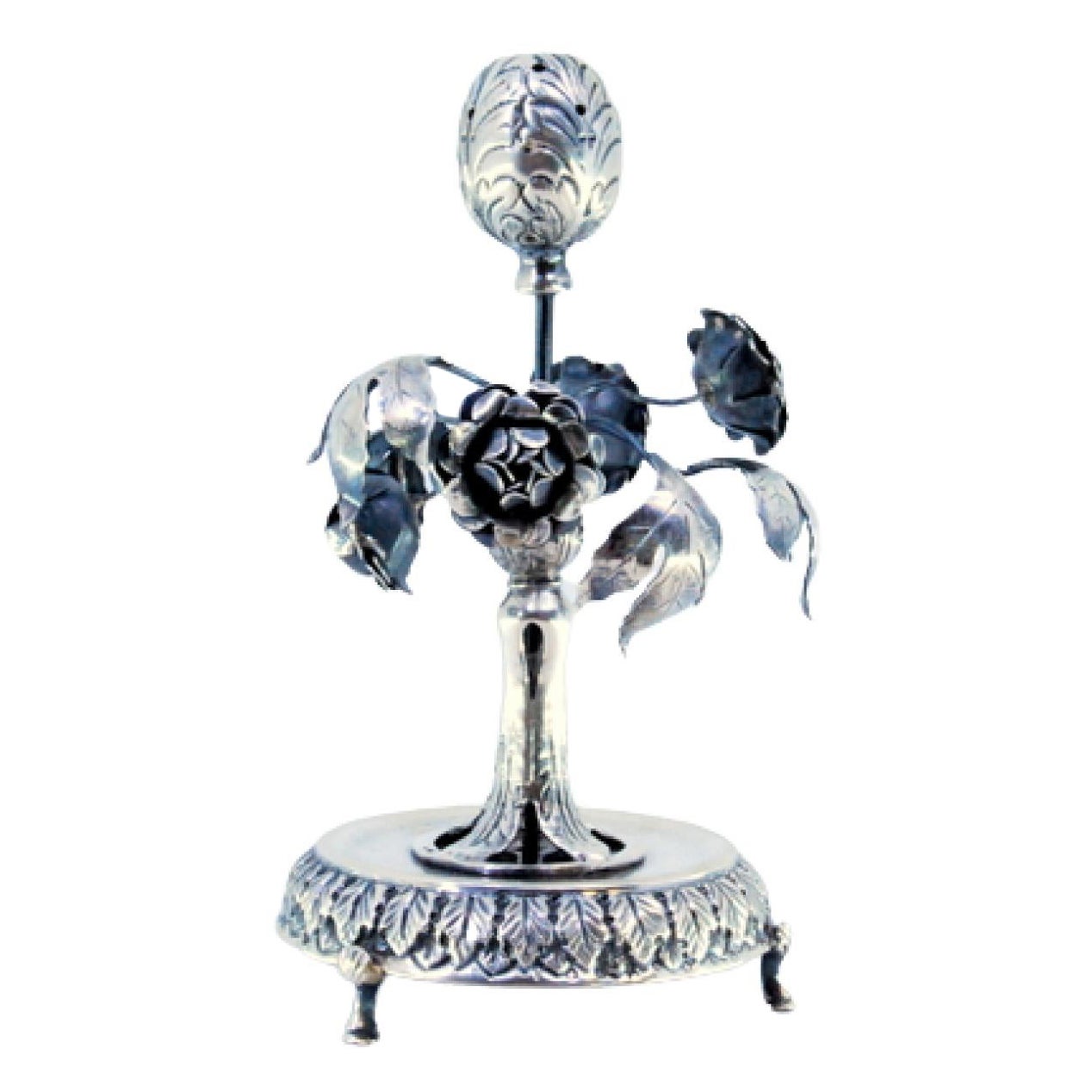 Silver toothpick holder with acanthus leaves, flowers, bulb, and three-foot base