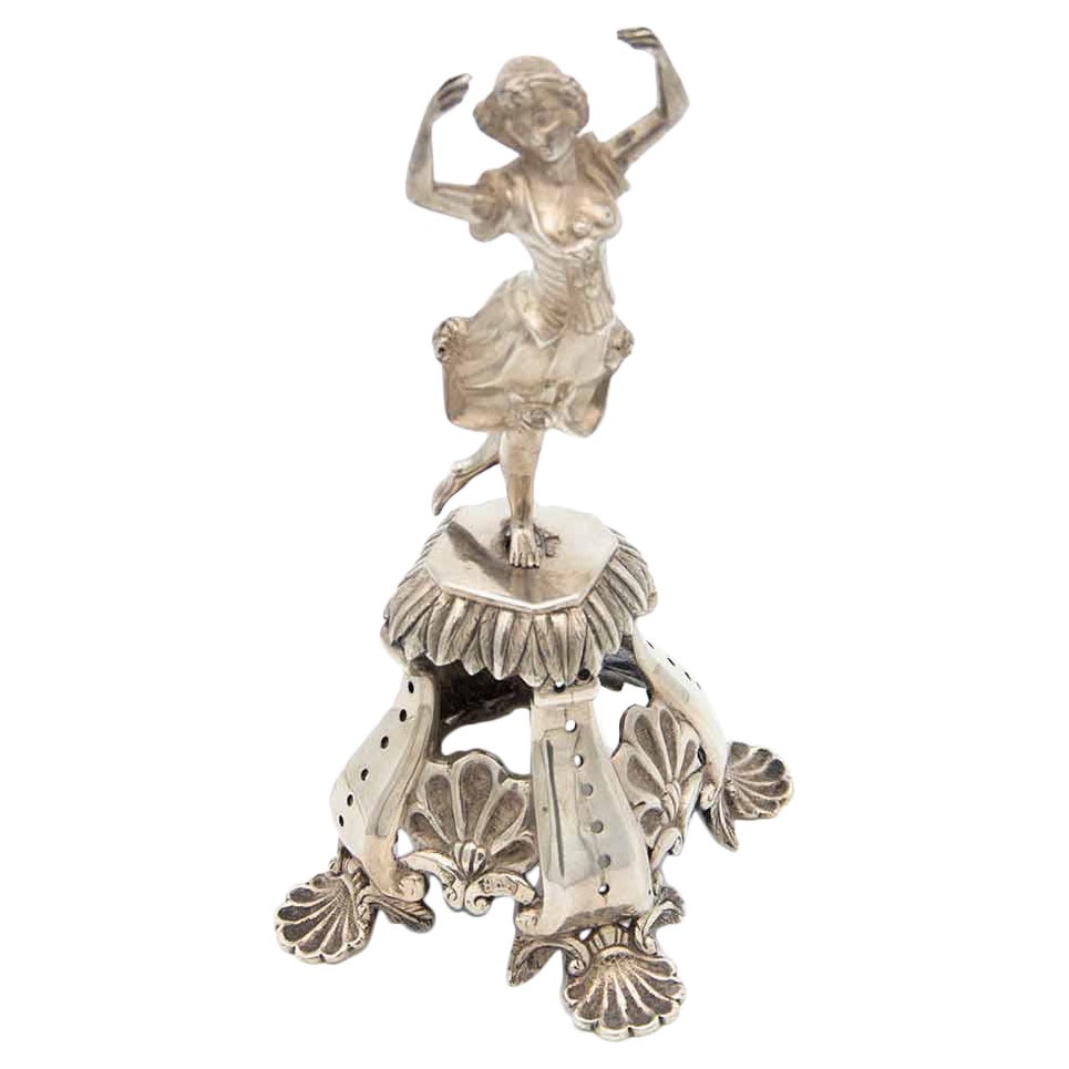 Silver toothpick holder with ballerina on plinth For Sale