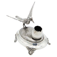 Silver toothpick holder with bird