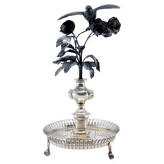 Silver toothpick holder with bird on flower branches on grid base
