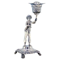 Antique Silver toothpick holder with boy holding flower