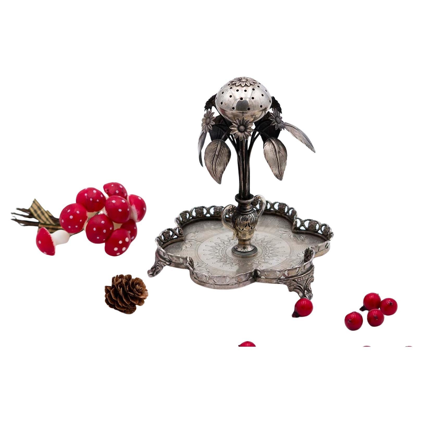 Silver toothpick holder with bulb on flowering plant and guilloche