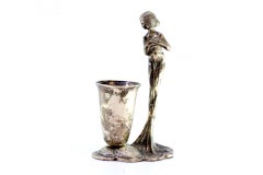 Silver toothpick holder with chalice and lady in long dress