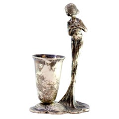 Silver toothpick holder with chalice and lady in long dress