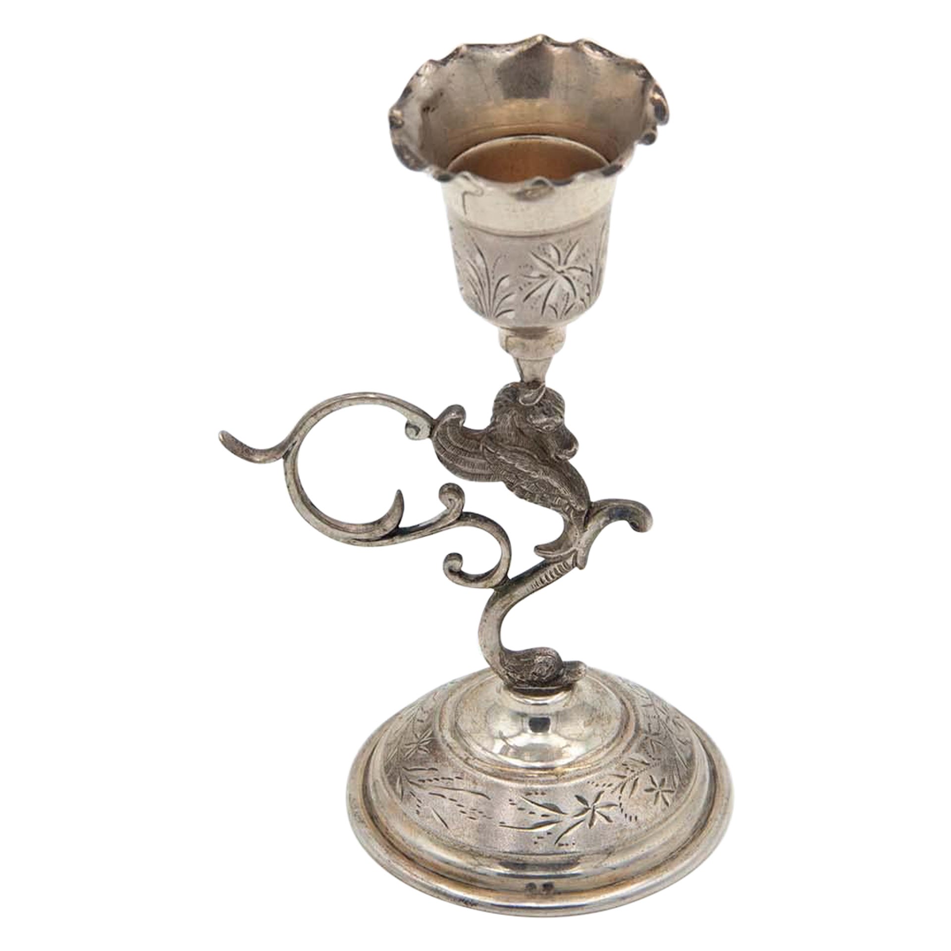 Silver toothpick holder with chalice over mythological figure in relief