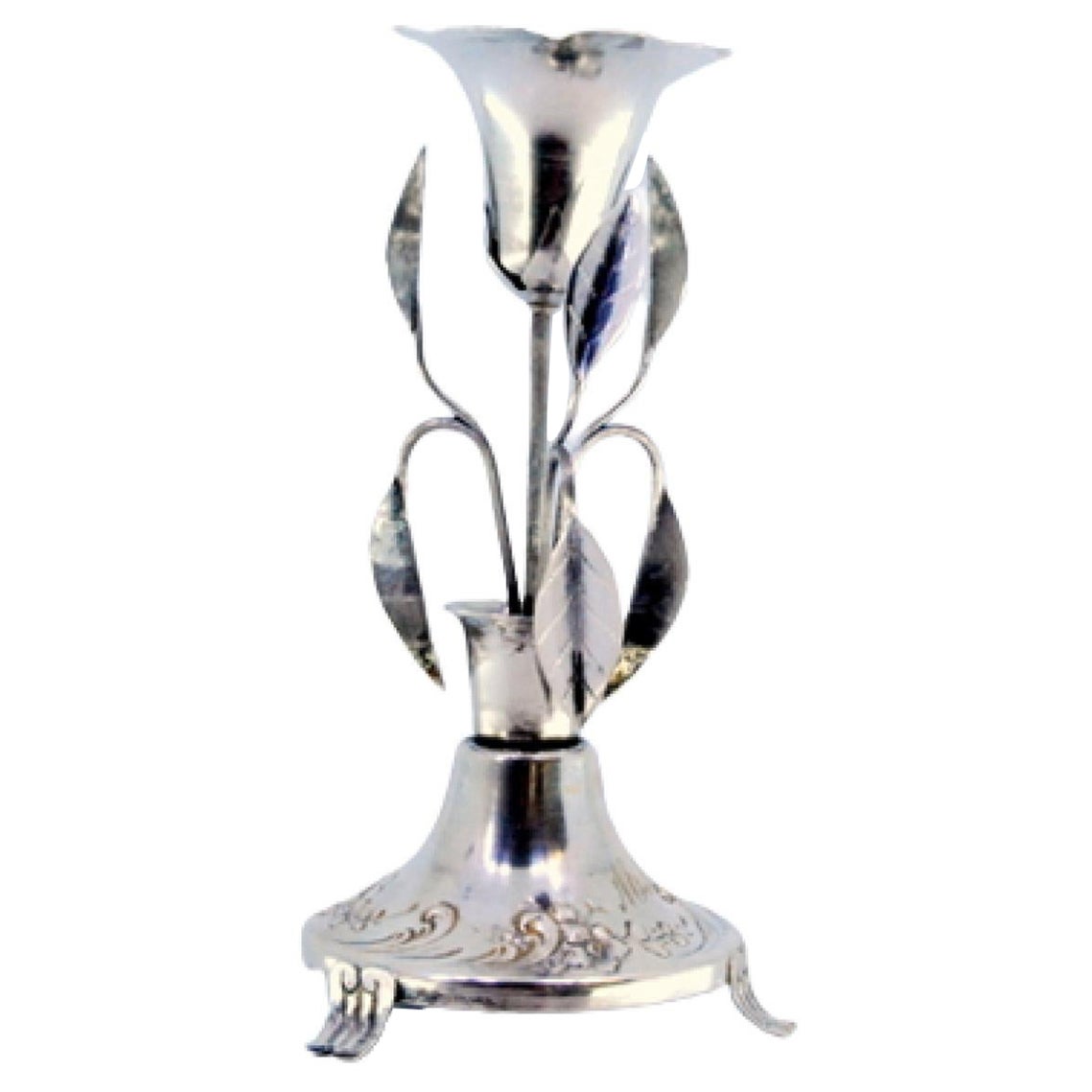 Silver toothpick holder with cutout chalice on climbing vine, floral base