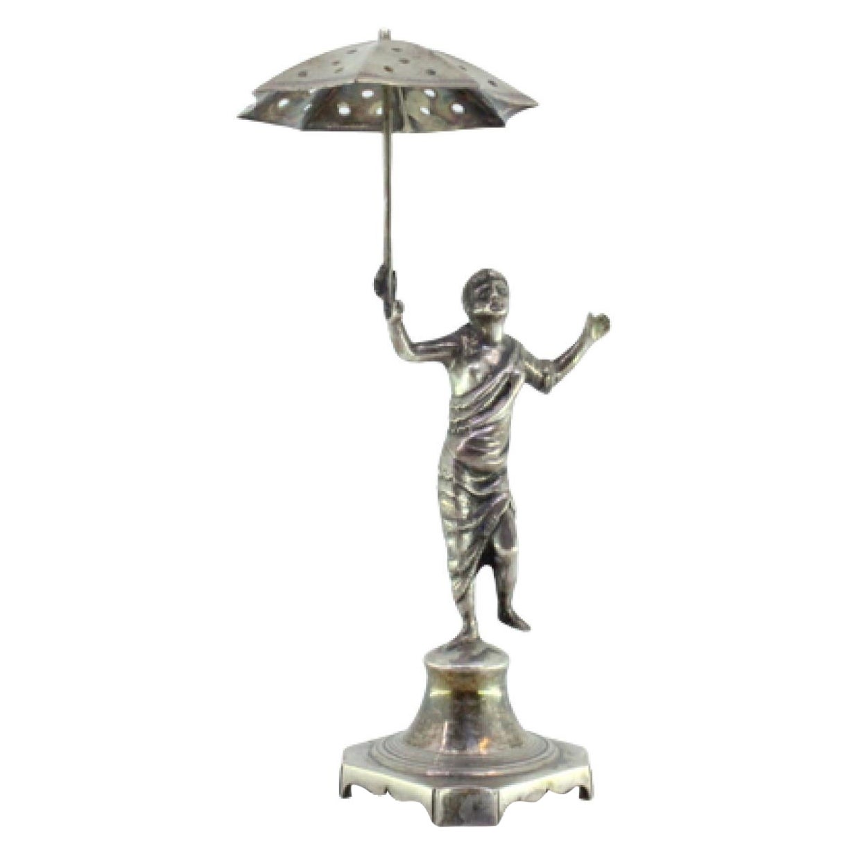 Silver toothpick holder with female figure and parasol on square cutout plinth