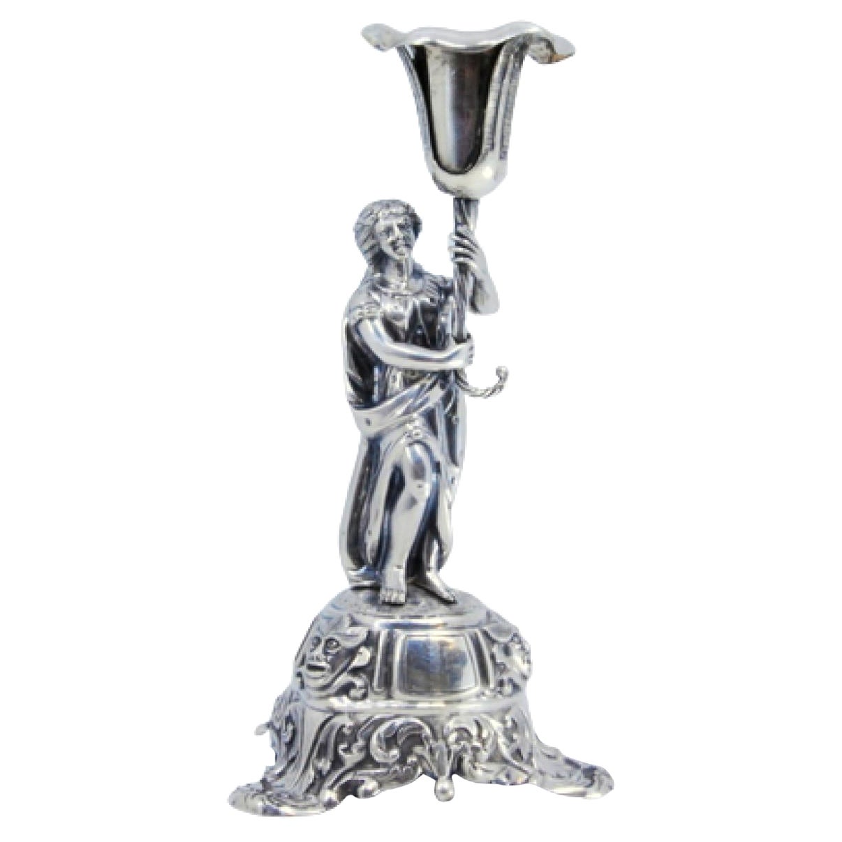 Silver toothpick holder with female figure holding tulip on base with masks