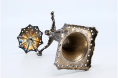 Silver toothpick holder with female figure holding umbrella and snake