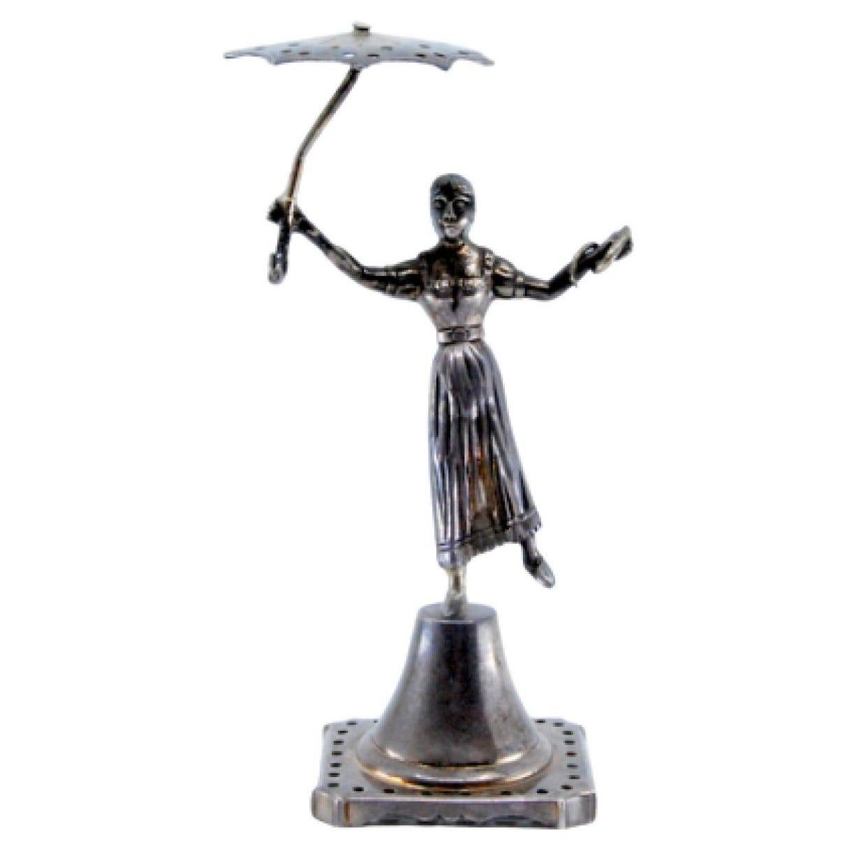 Silver toothpick holder with female figure holding umbrella and snake