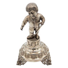 Silver toothpick holder with figure of old man with staff