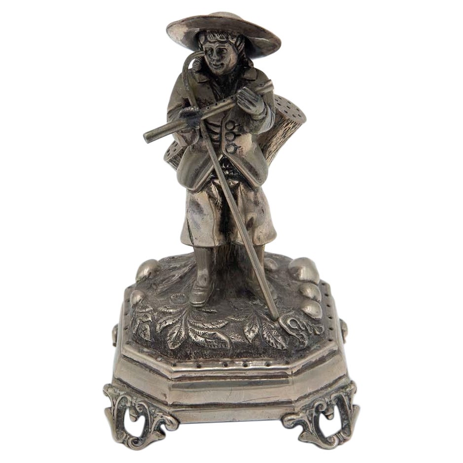 Silver toothpick holder with figure of shepherd with flute and staff