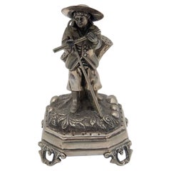 Silver toothpick holder with figure of shepherd with flute and staff