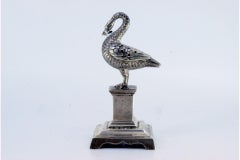 Silver toothpick holder with fishing bird on plinth pedestal