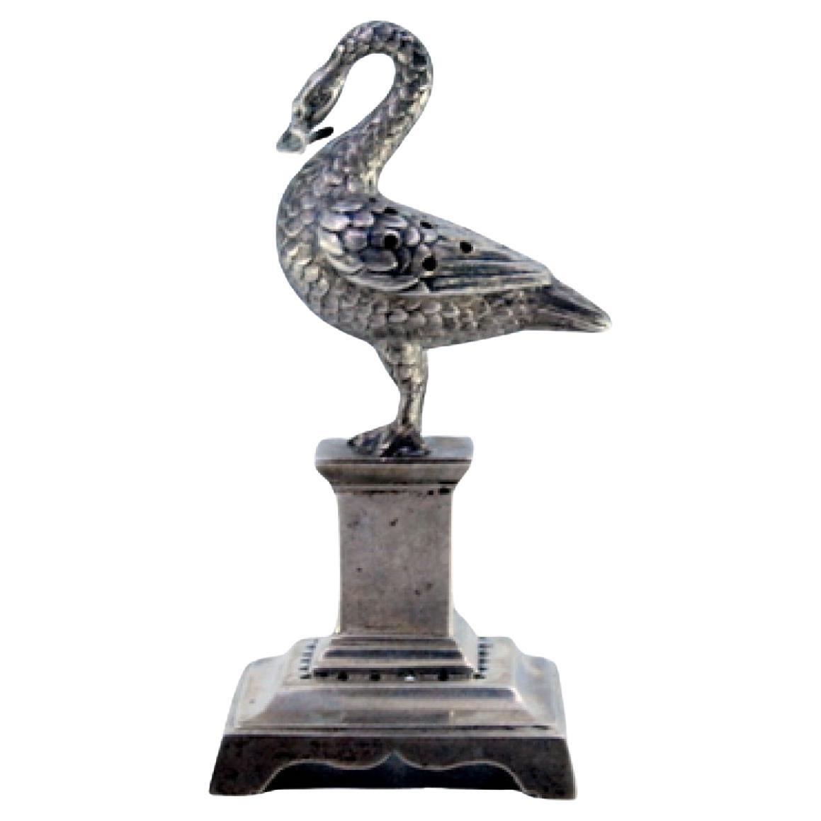 Silver toothpick holder with fishing bird on plinth pedestal