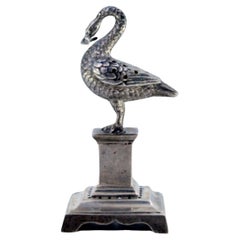 Silver toothpick holder with fishing bird on plinth pedestal