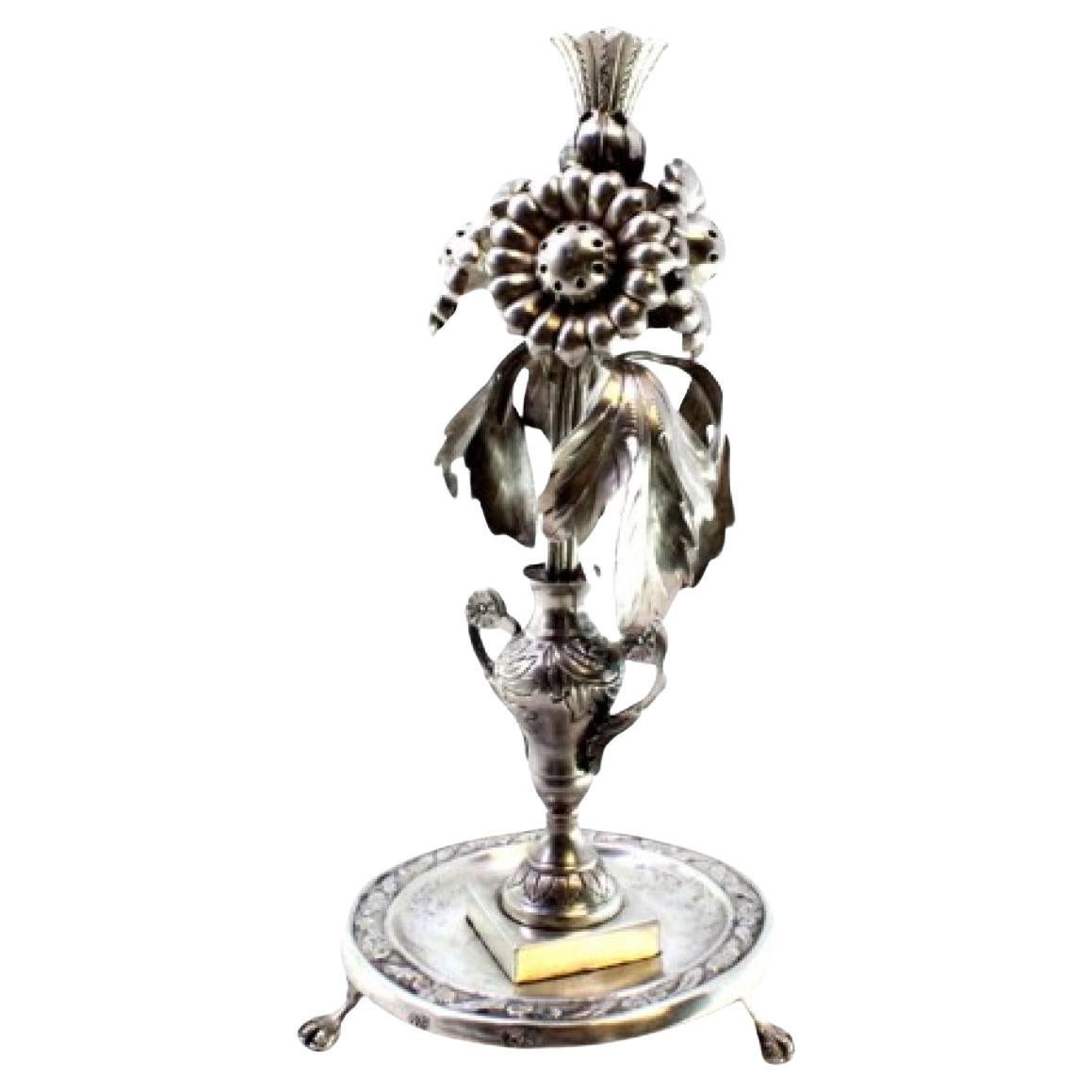 Silver toothpick holder with floral reliefs and applications