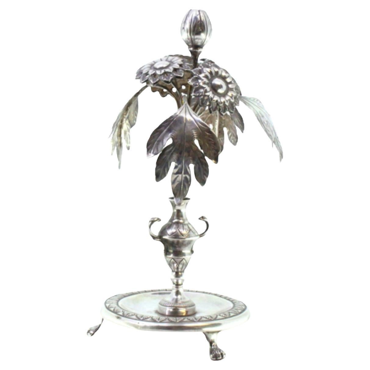 Silver toothpick holder with flower, acanthus, and beaded vase base