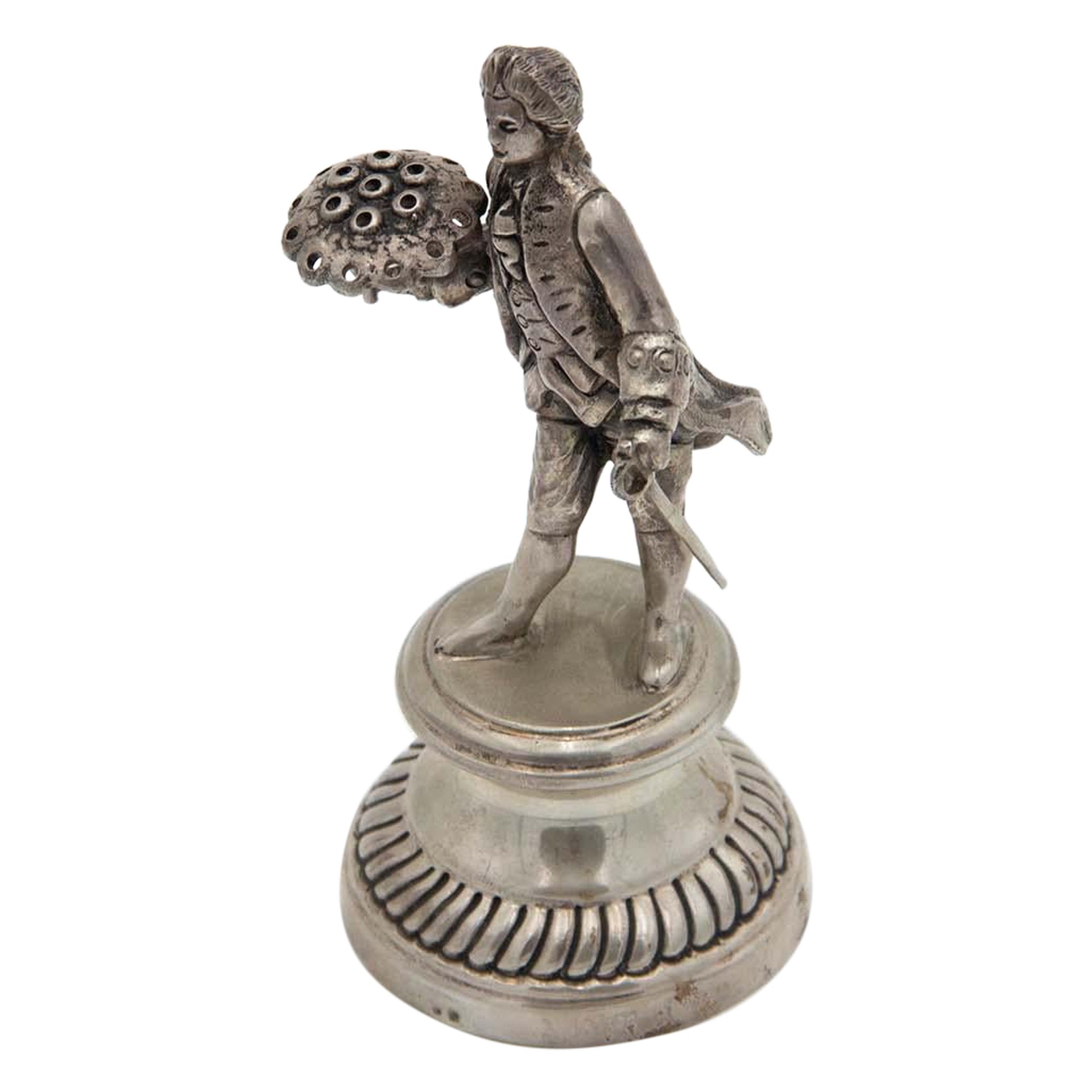 Silver toothpick holder with gentleman and bouquet of flowers