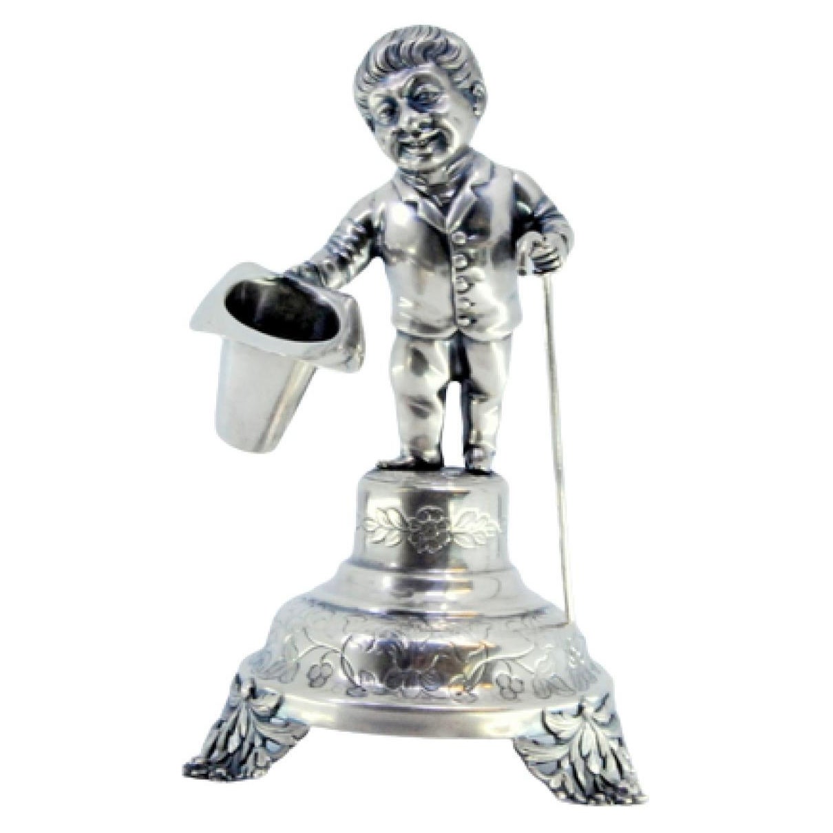Silver toothpick holder with gentleman in greeting on plinth