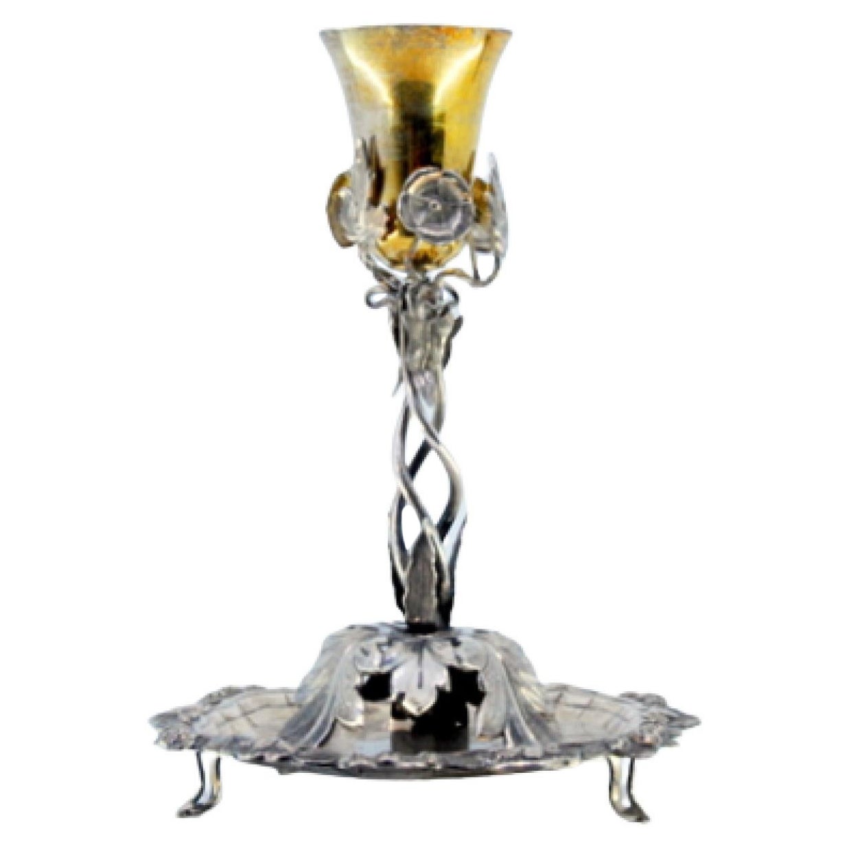 Silver toothpick holder with golden chalice on acanthus