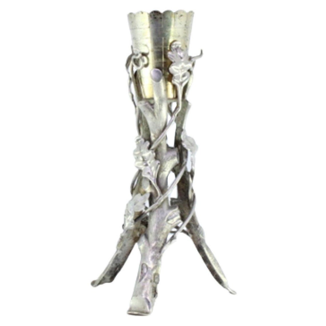 Silver toothpick holder with golden chalice surrounded by vines and tree trunks For Sale
