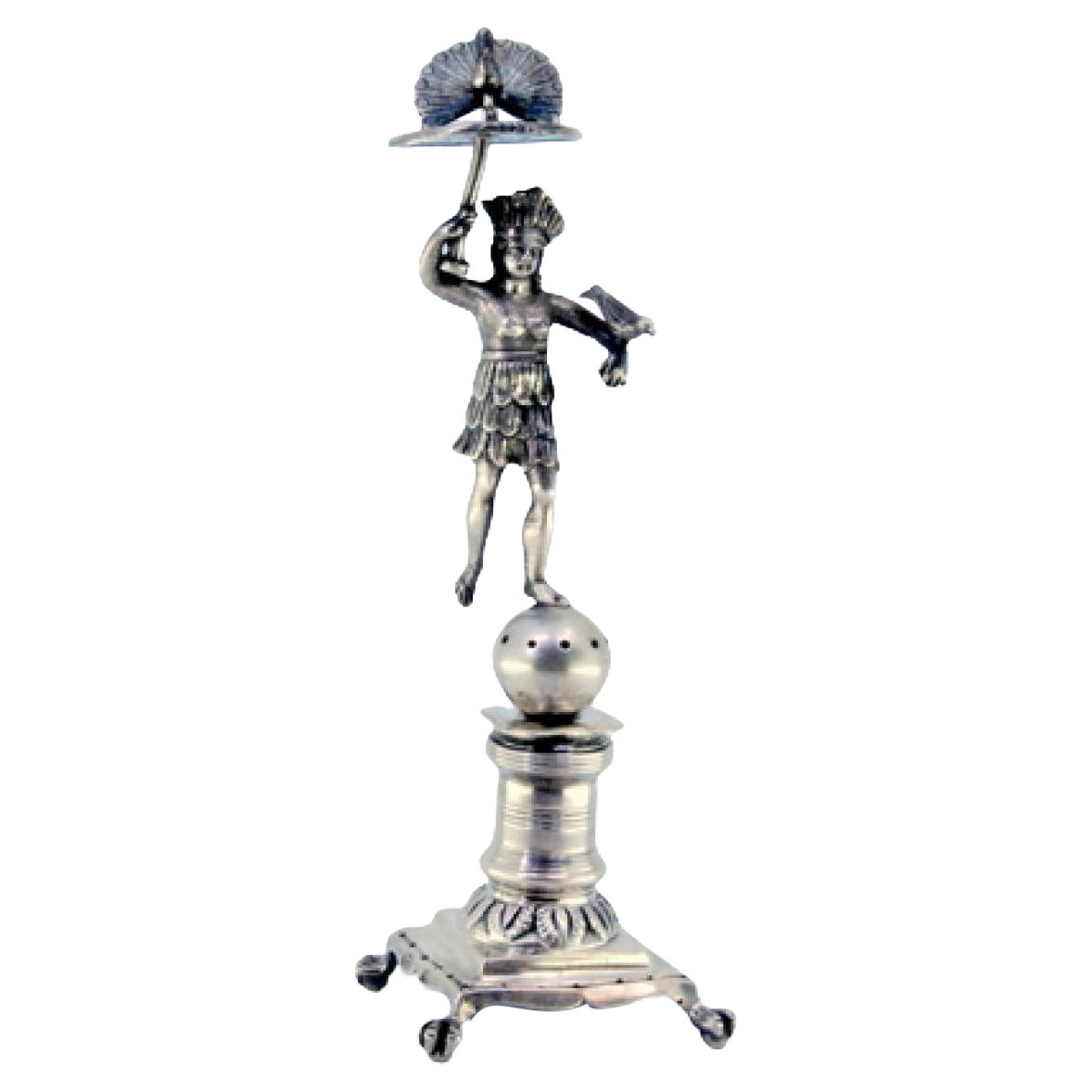 Silver toothpick holder with indigenous figure holding bird and peacock on head