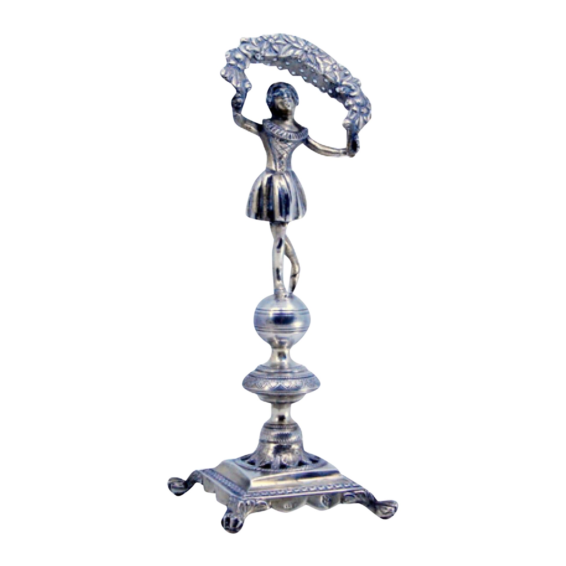 Silver toothpick holder with lady holding a flower bow