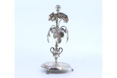 Silver toothpick holder with leaves, flowers, bulb, on circular engraved base