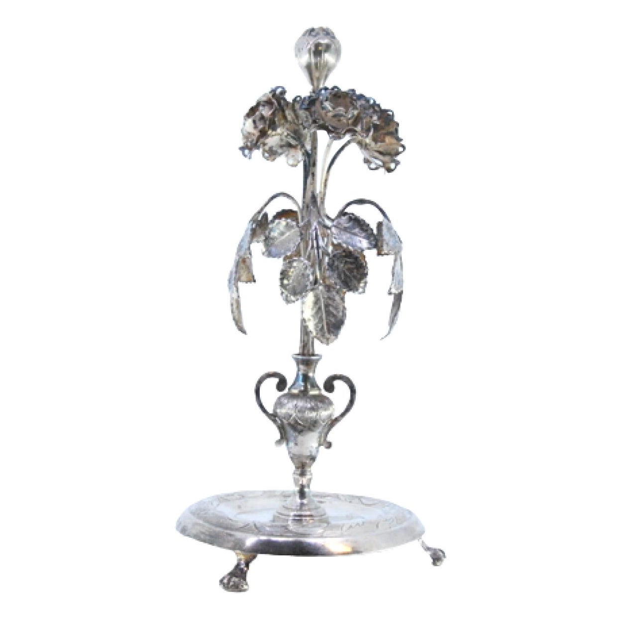 Silver toothpick holder with leaves, flowers, bulb, on circular engraved base
